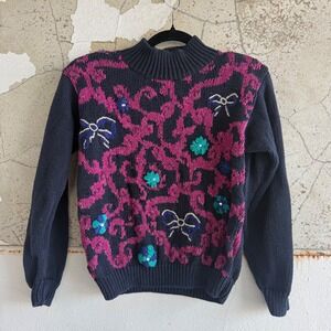 Vtg‎ 90s Sweater Floral Embroidered 3D Bow Knit Pink Navy Womens